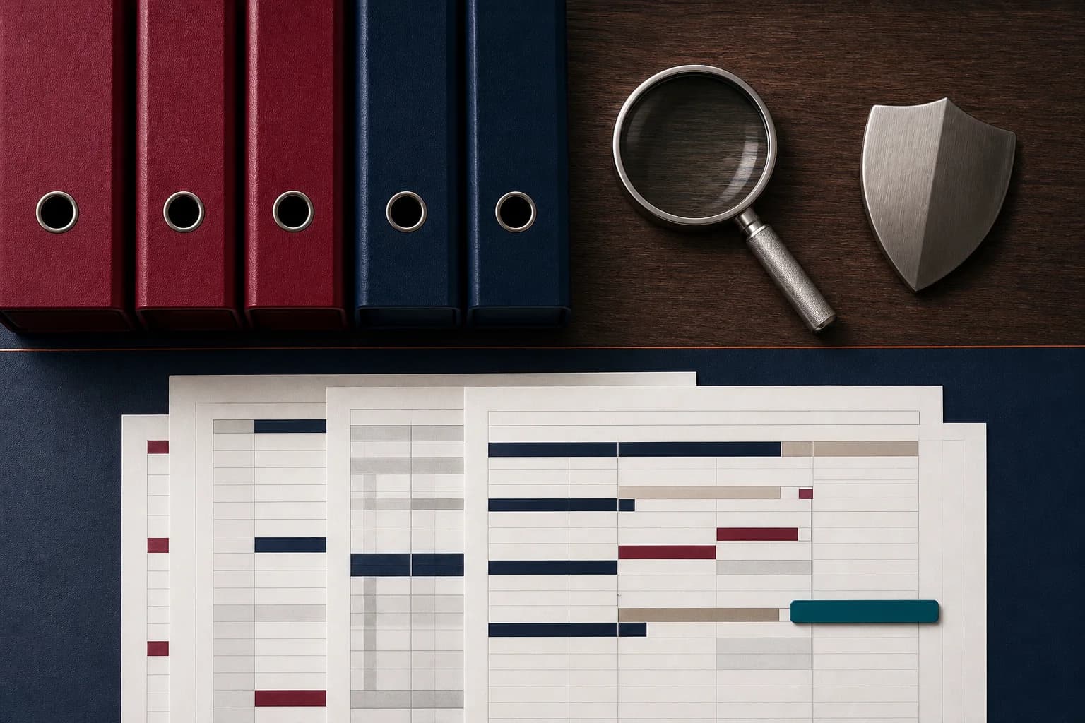 Dossiers de preuves, loupe et bouclier abstrait disposés pour une revue de contrôle.