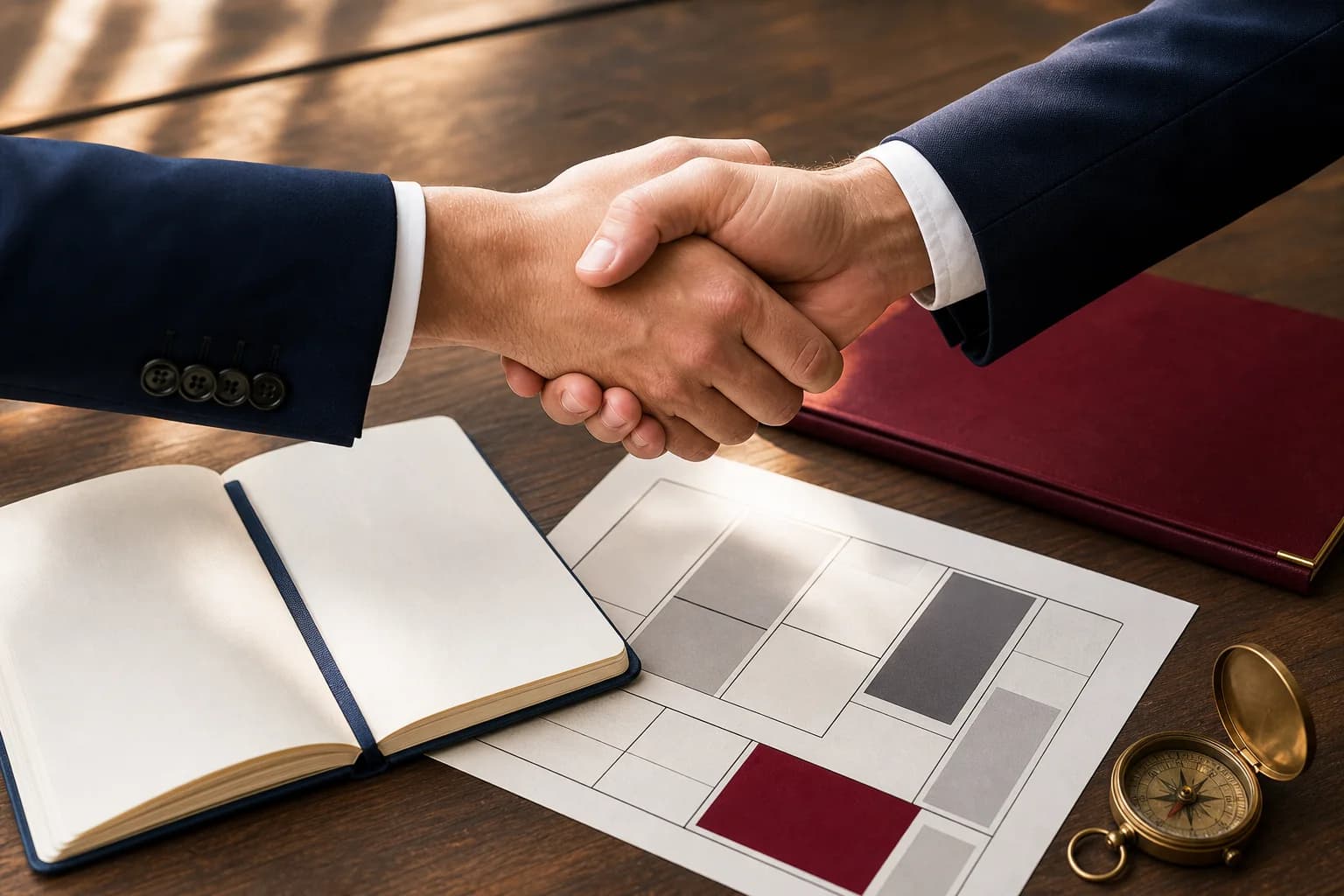 Poignée de main professionnelle au-dessus d’un espace structuré de planification d’entreprise.