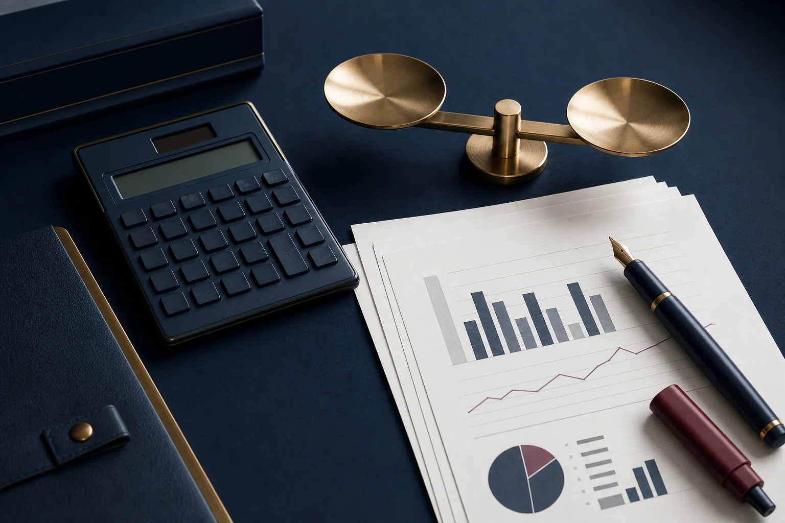 Calculatrice, balance et rapports financiers abstraits disposés sur un bureau bleu marine.