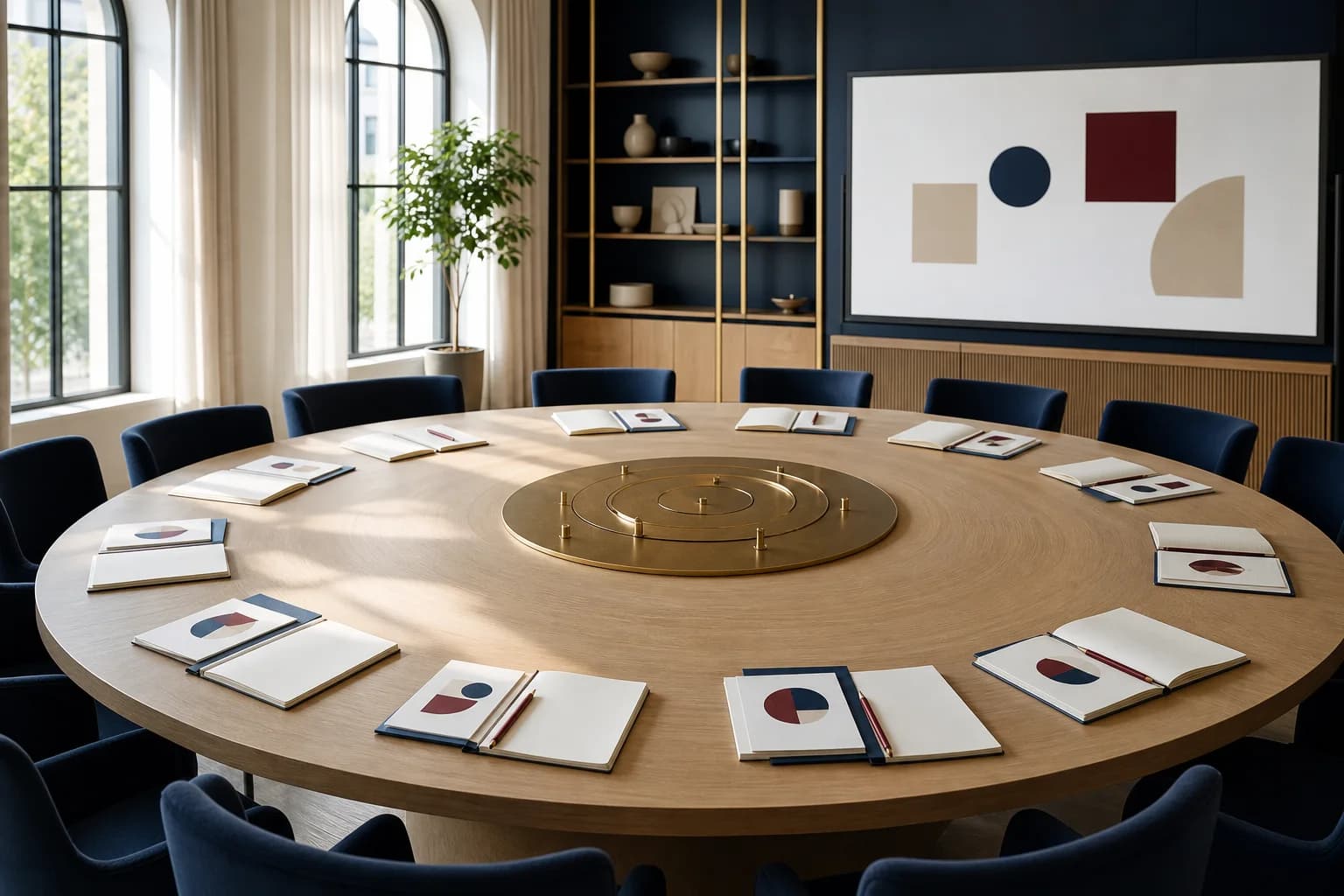 Salle d’atelier professionnelle vide, préparée avec carnets et supports d’apprentissage.