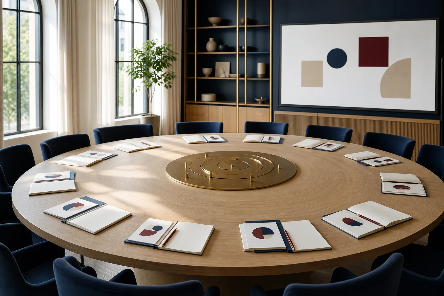 Salle d’atelier professionnelle vide, préparée avec carnets et supports d’apprentissage.